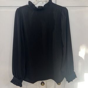 Zenana Women's Small Black L/S Black Ruffle Neck‎ Sleeve Top Pearl Buttons